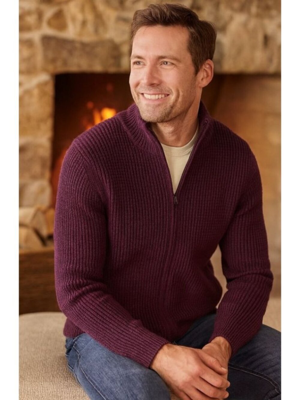 L.L.Bean Mens Vintage Y2K Full Zip Cardigan Sweater Medium Reg. Burgundy FA EXC
